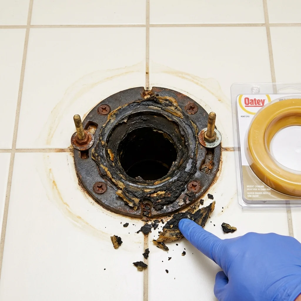 Failed wax ring showing water seepage at the base of a toilet in a Madison, NH home